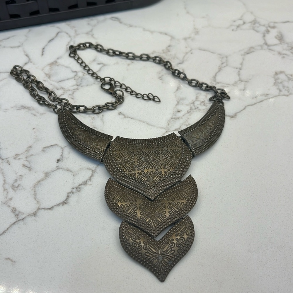 Renaissance Fair Floral Stamped Armor Metal Bib Necklace